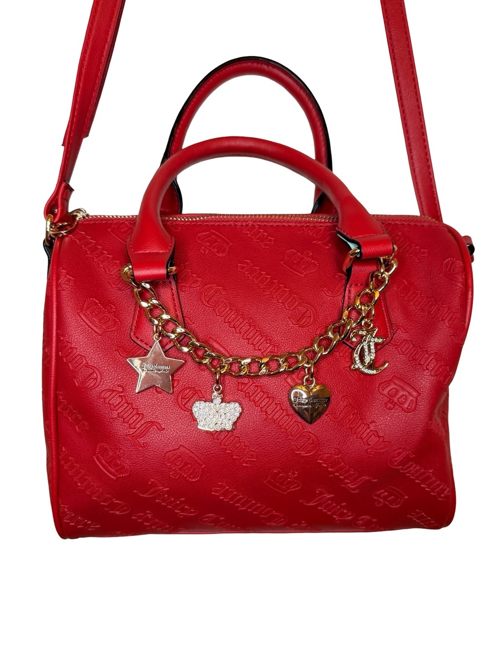 Juicy Couture Red Embossed Logo Charm Satchel Crossbody Bowler Bag - Picture 2 of 8